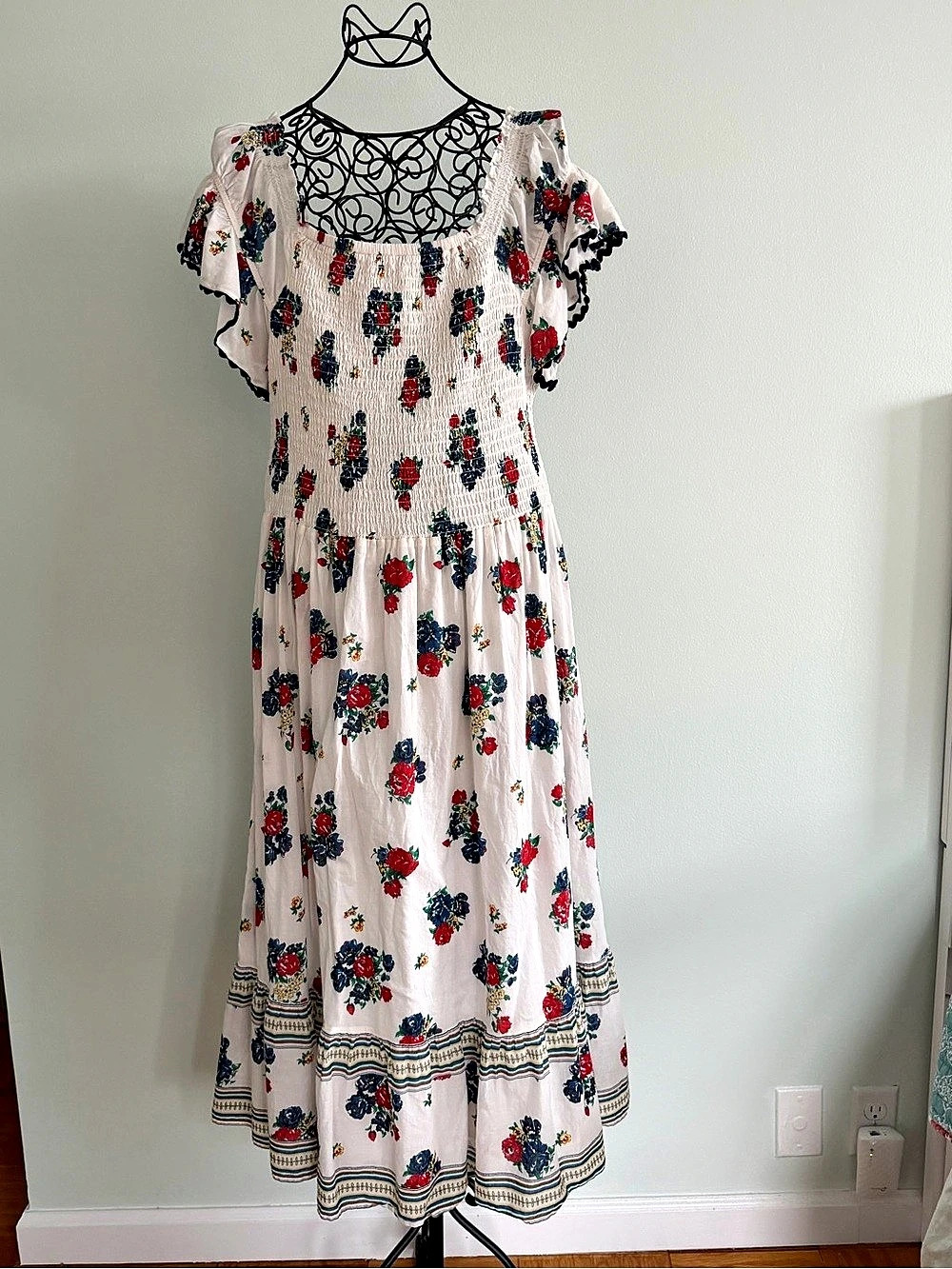 Tory Burch Floral Smocked Maxi Dress in White & Red Like New